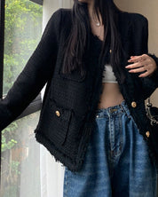 Elegant Tweed Blazer for Women with Pockets and Gold Buttons