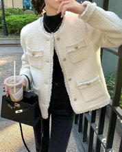 Elegant Tweed Blazer for Women with Pockets and Gold Buttons