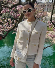 Elegant Tweed Blazer for Women with Pockets and Gold Buttons