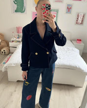 Blue Elegant Blazer for Women Short Style with Gold Buttons and Pockets