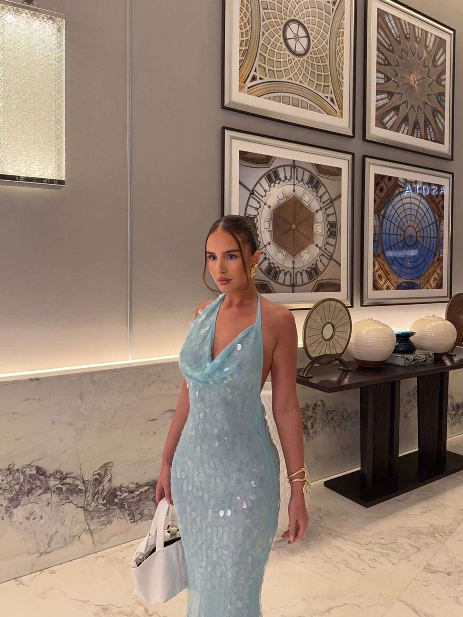 Blue Glitter Maxi Gala Dress with Halter Neck and Waterfall Neckline