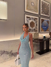 Blue Glitter Maxi Gala Dress with Halter Neck and Waterfall Neckline