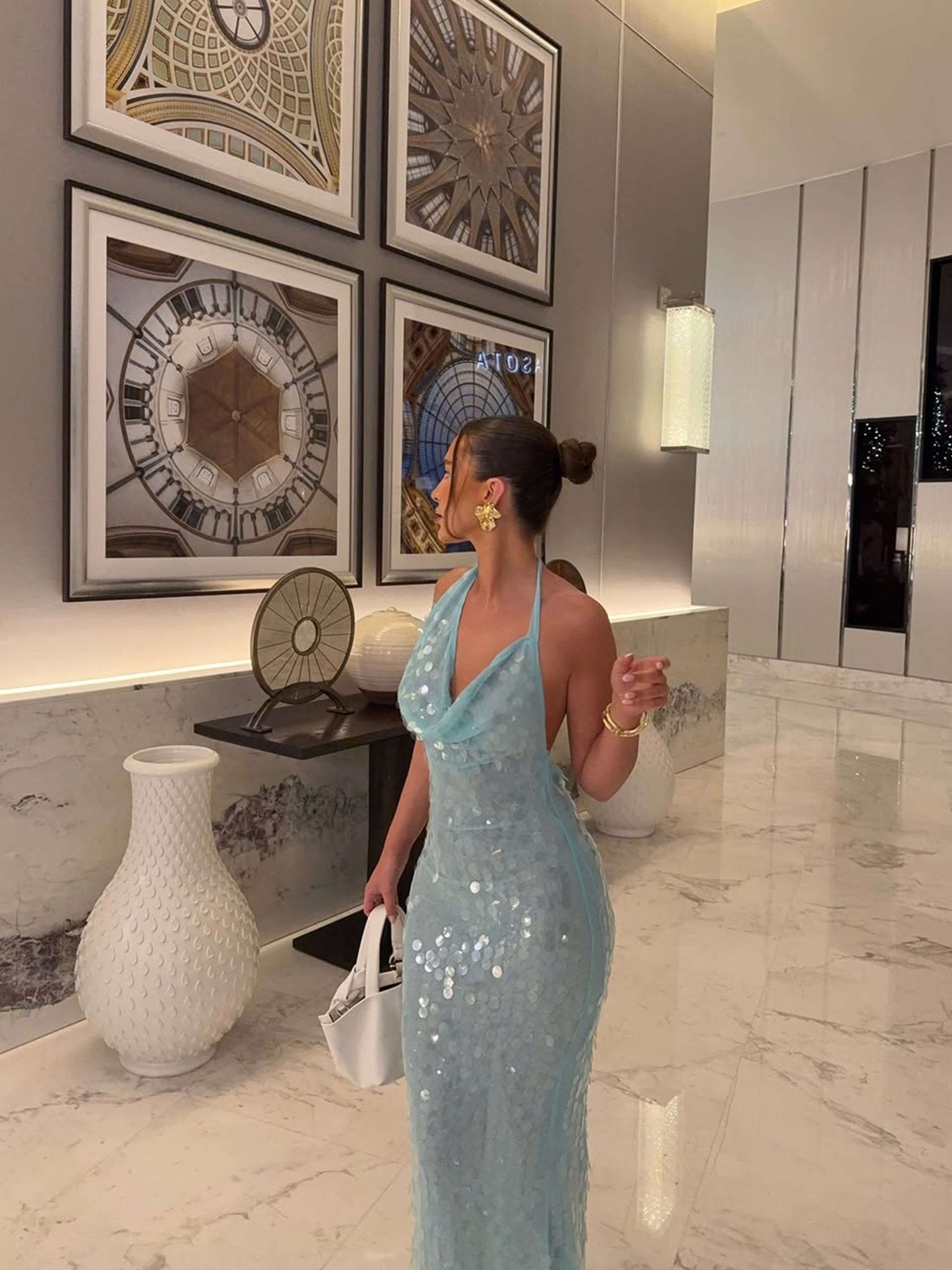 Blue Glitter Maxi Gala Dress with Halter Neck and Waterfall Neckline