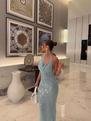Blue Glitter Maxi Gala Dress with Halter Neck and Waterfall Neckline