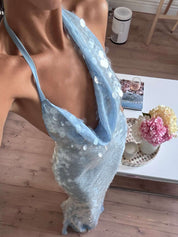 Blue Glitter Maxi Gala Dress with Halter Neck and Waterfall Neckline