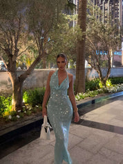 Blue Glitter Maxi Gala Dress with Halter Neck and Waterfall Neckline