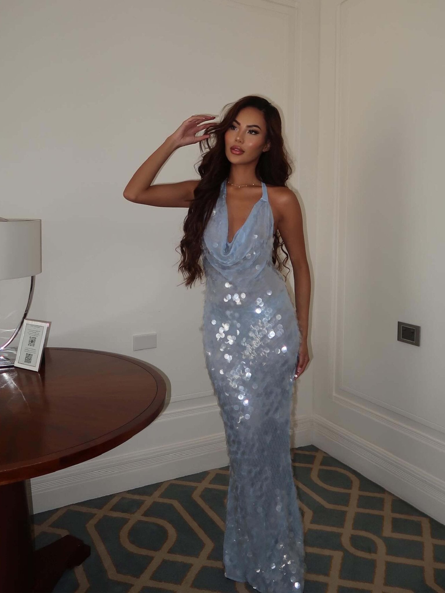 Blue Glitter Maxi Gala Dress with Halter Neck and Waterfall Neckline