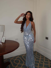 Blue Glitter Maxi Gala Dress with Halter Neck and Waterfall Neckline