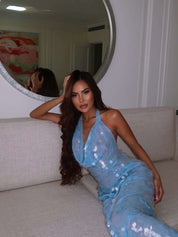 Blue Glitter Maxi Gala Dress with Halter Neck and Waterfall Neckline
