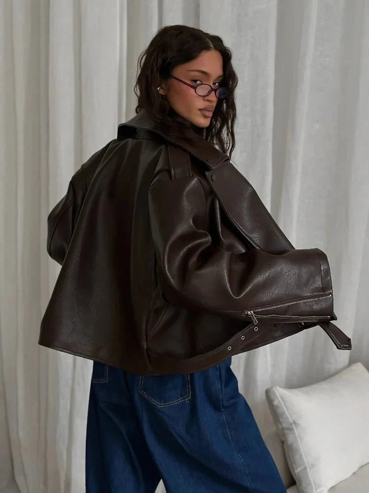 Brown Leather Jacket for Women Short Classic Biker with Zippers and Belt
