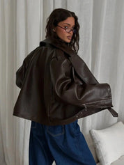 Brown Leather Jacket for Women Short Classic Biker with Zippers and Belt