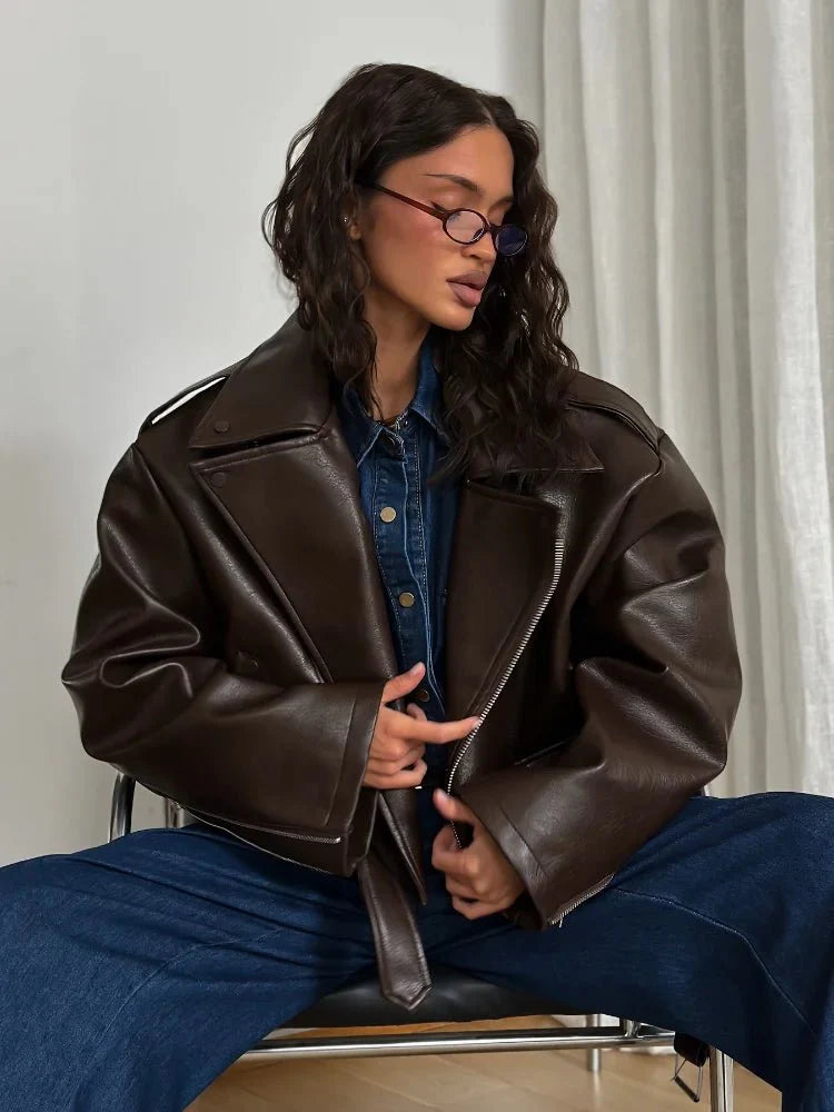Brown Leather Jacket for Women Short Classic Biker with Zippers and Belt