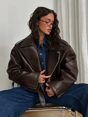 Brown Leather Jacket for Women Short Classic Biker with Zippers and Belt