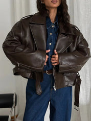 Brown Leather Jacket for Women Short Classic Biker with Zippers and Belt
