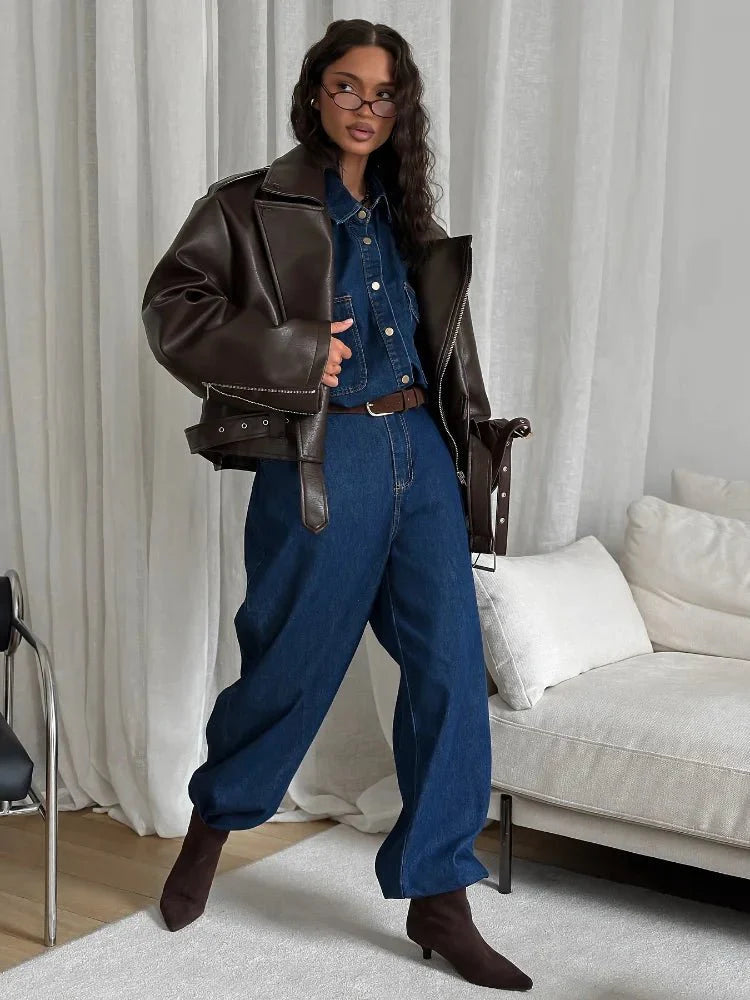Brown Leather Jacket for Women Short Classic Biker with Zippers and Belt