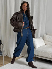 Brown Leather Jacket for Women Short Classic Biker with Zippers and Belt