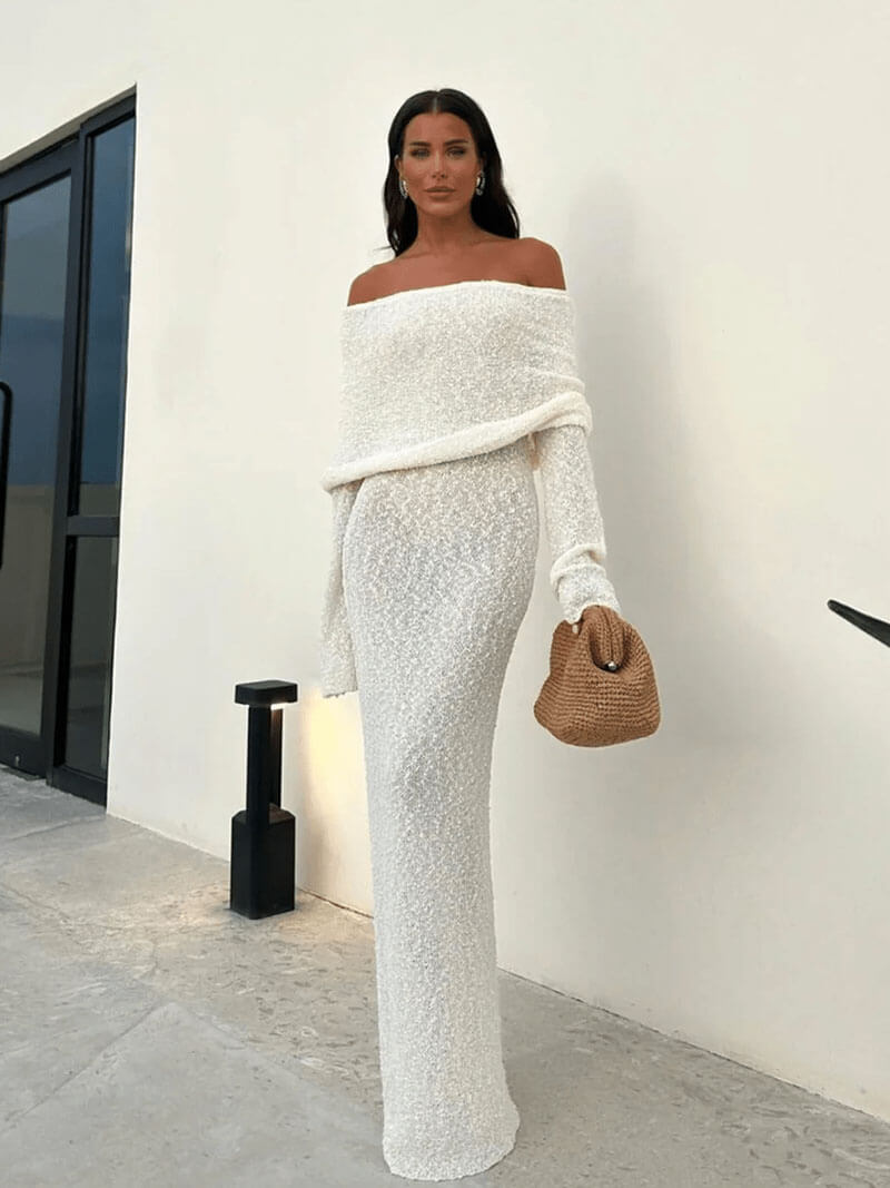 Off-Shoulder Maxi Dress with Long Sleeves Knitted