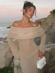 Off-Shoulder Maxi Dress with Long Sleeves Knitted