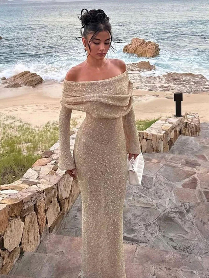 Off-Shoulder Maxi Dress with Long Sleeves Knitted