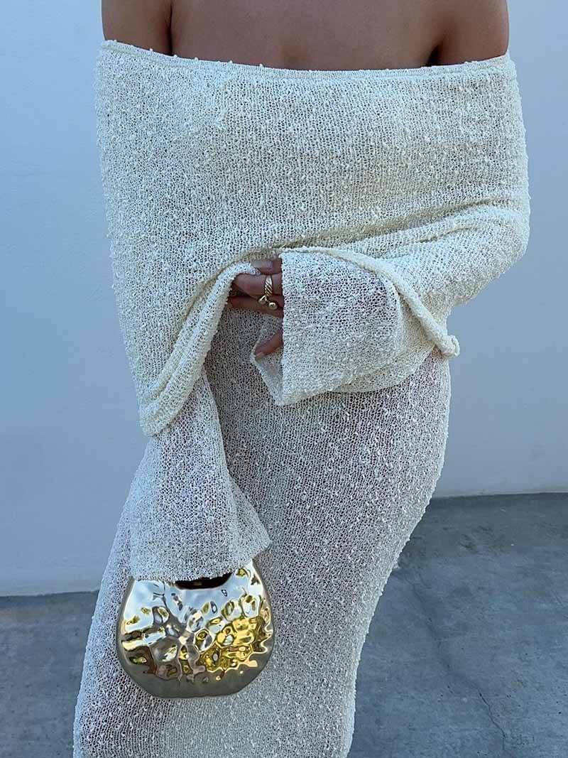 Off-Shoulder Maxi Dress with Long Sleeves Knitted