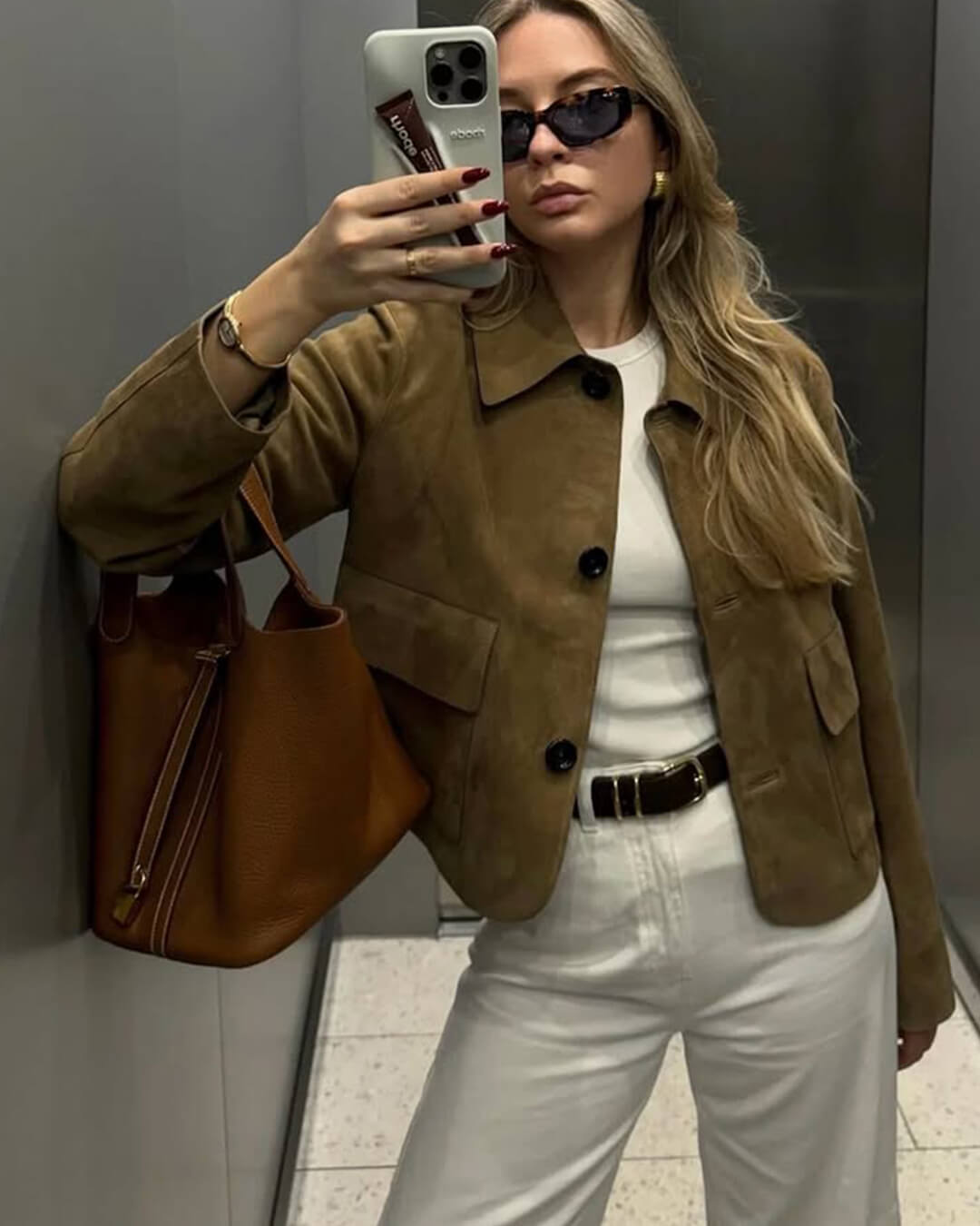 Brown Women's Leather-Look Jacket Short with Button Closure and Pockets
