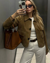 Brown Women's Leather-Look Jacket Short with Button Closure and Pockets