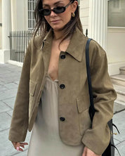 Brown Women's Leather-Look Jacket Short with Button Closure and Pockets