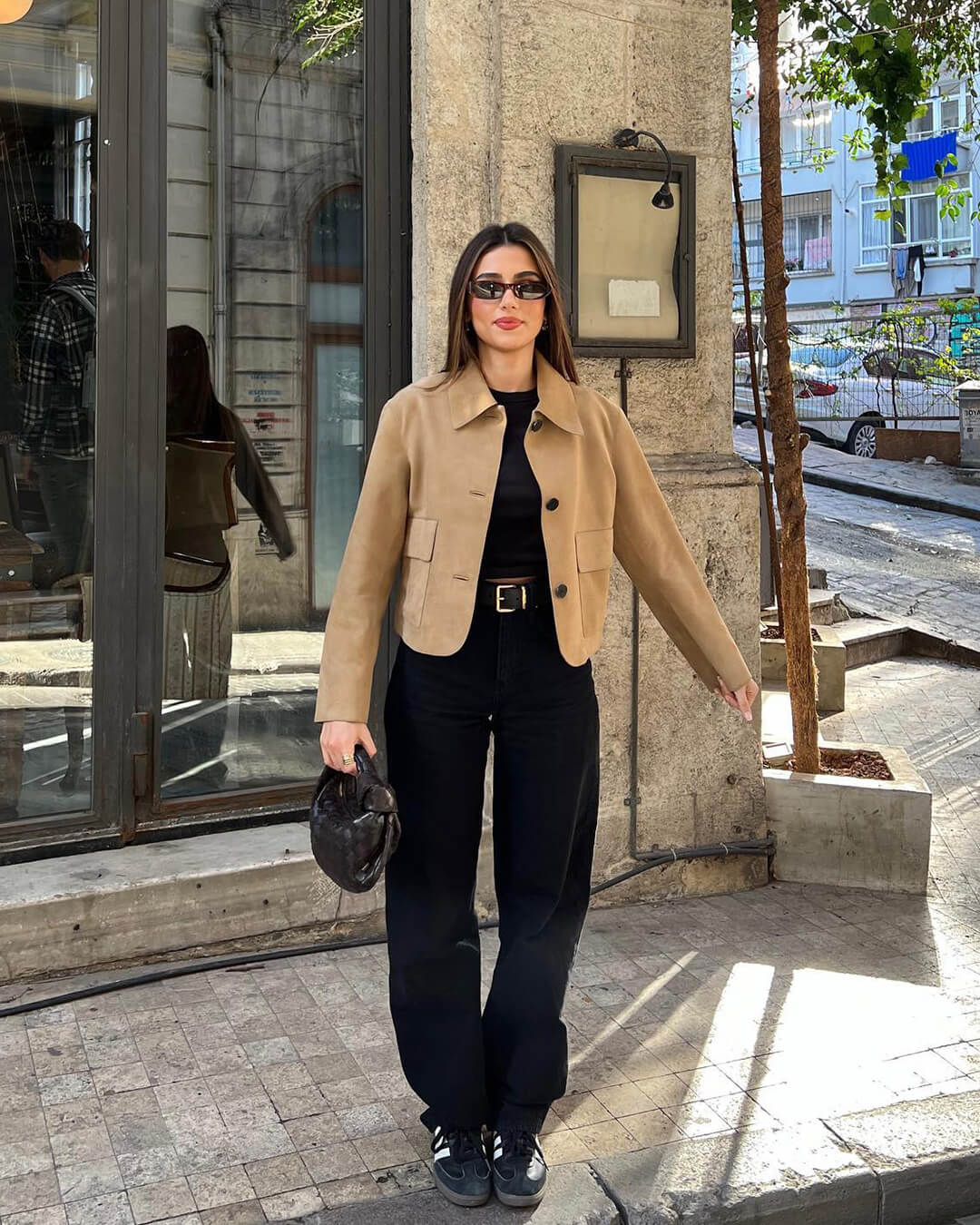 Brown Women's Leather-Look Jacket Short with Button Closure and Pockets