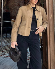 Brown Women's Leather-Look Jacket Short with Button Closure and Pockets