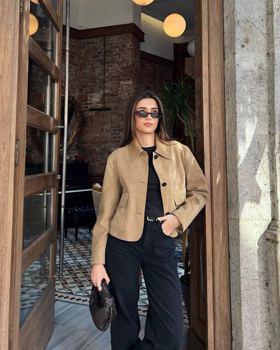 Brown Women's Leather-Look Jacket Short with Button Closure and Pockets