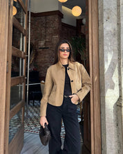 Brown Women's Leather-Look Jacket Short with Button Closure and Pockets
