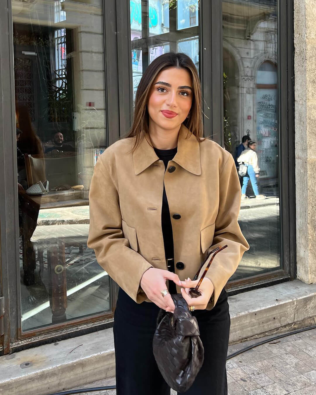 Brown Women's Leather-Look Jacket Short with Button Closure and Pockets