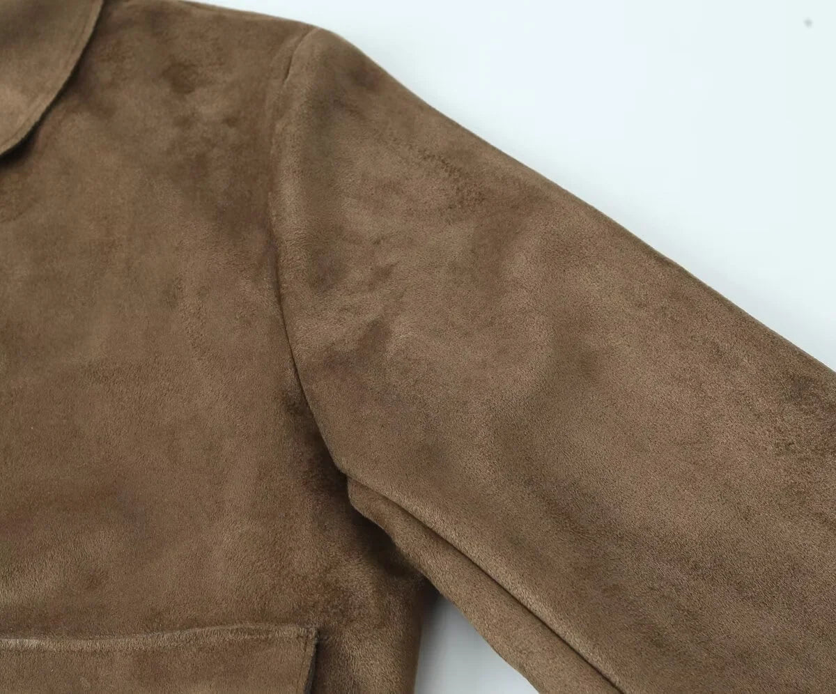 Brown Women's Leather-Look Jacket Short with Button Closure and Pockets
