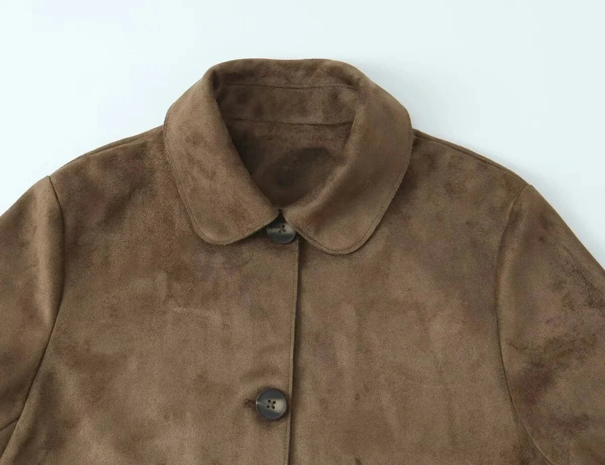 Brown Women's Leather-Look Jacket Short with Button Closure and Pockets