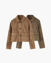 Brown Women's Leather-Look Jacket Short with Button Closure and Pockets