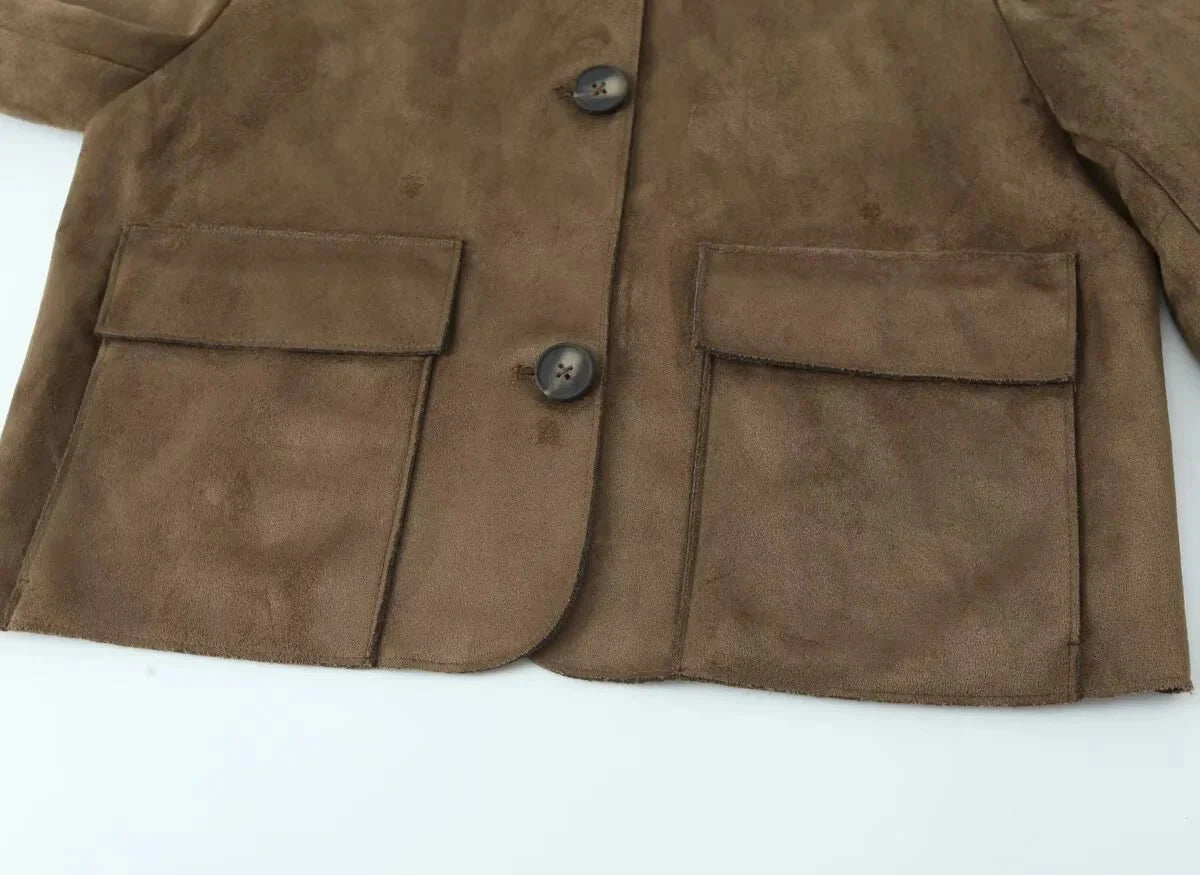 Brown Women's Leather-Look Jacket Short with Button Closure and Pockets