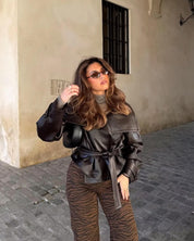 Women's Short Leather Jacket with Wide Lapel Collar and Waist Belt