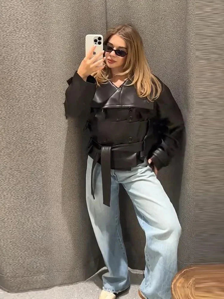 Women's Short Leather Jacket with Wide Lapel Collar and Waist Belt