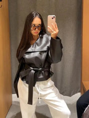 Women's Short Leather Jacket with Wide Lapel Collar and Waist Belt