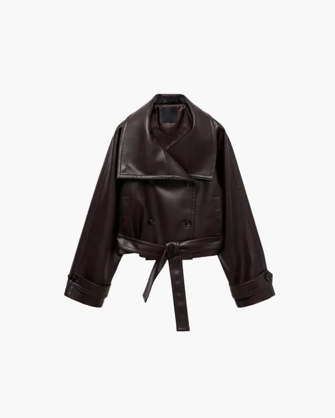 Women's Short Leather Jacket with Wide Lapel Collar and Waist Belt