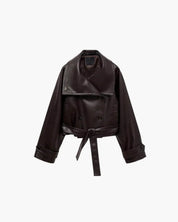 Women's Short Leather Jacket with Wide Lapel Collar and Waist Belt