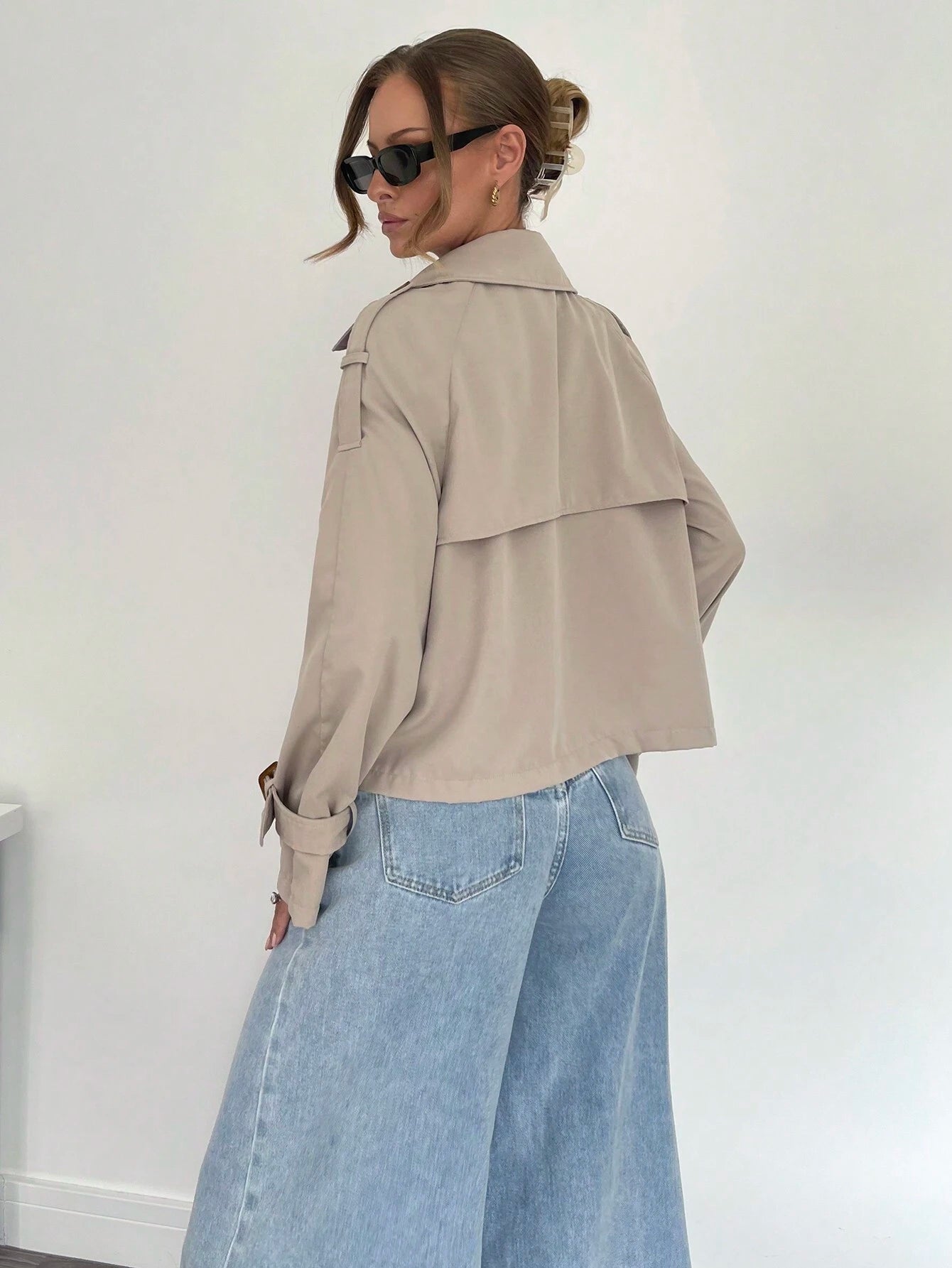 Beige Trench Coat Women Short Classic with Belt and Button Closure