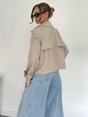 Beige Trench Coat Women Short Classic with Belt and Button Closure