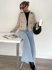 Beige Trench Coat Women Short Classic with Belt and Button Closure
