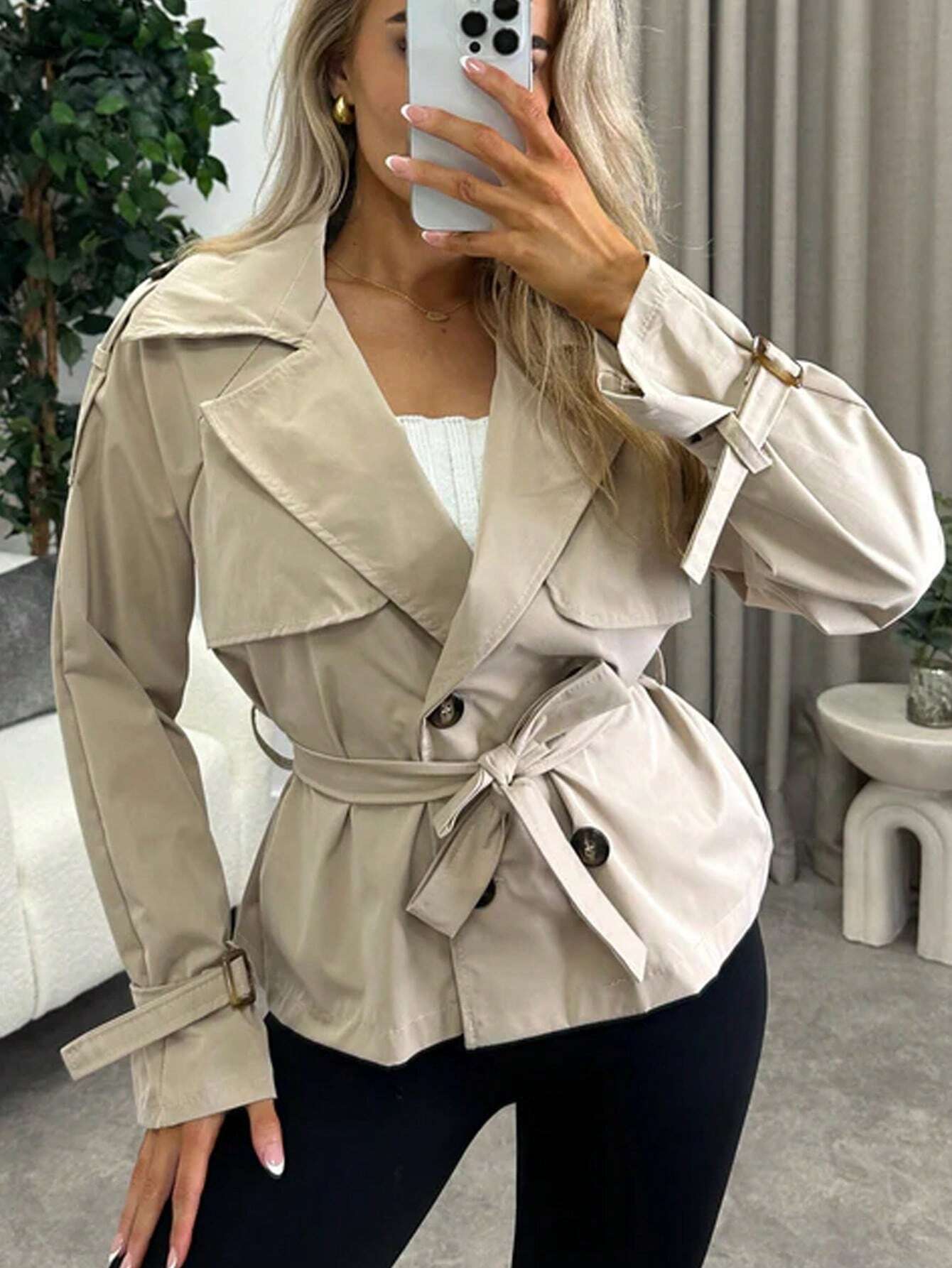 Beige Trench Coat Women Short Classic with Belt and Button Closure