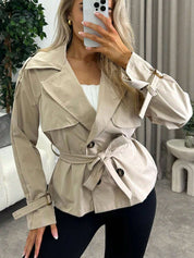 Beige Trench Coat Women Short Classic with Belt and Button Closure