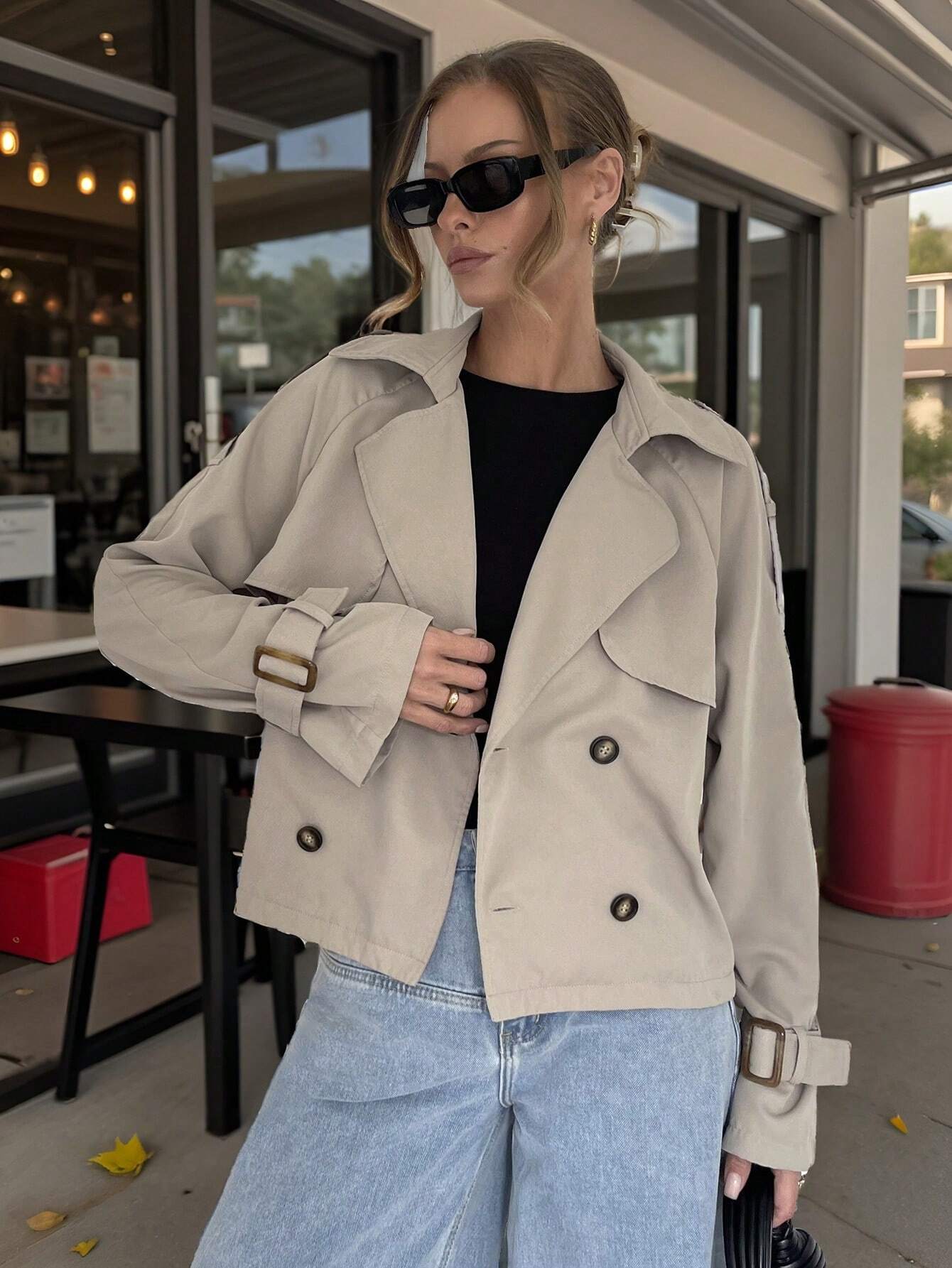 Beige Trench Coat Women Short Classic with Belt and Button Closure