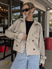 Beige Trench Coat Women Short Classic with Belt and Button Closure