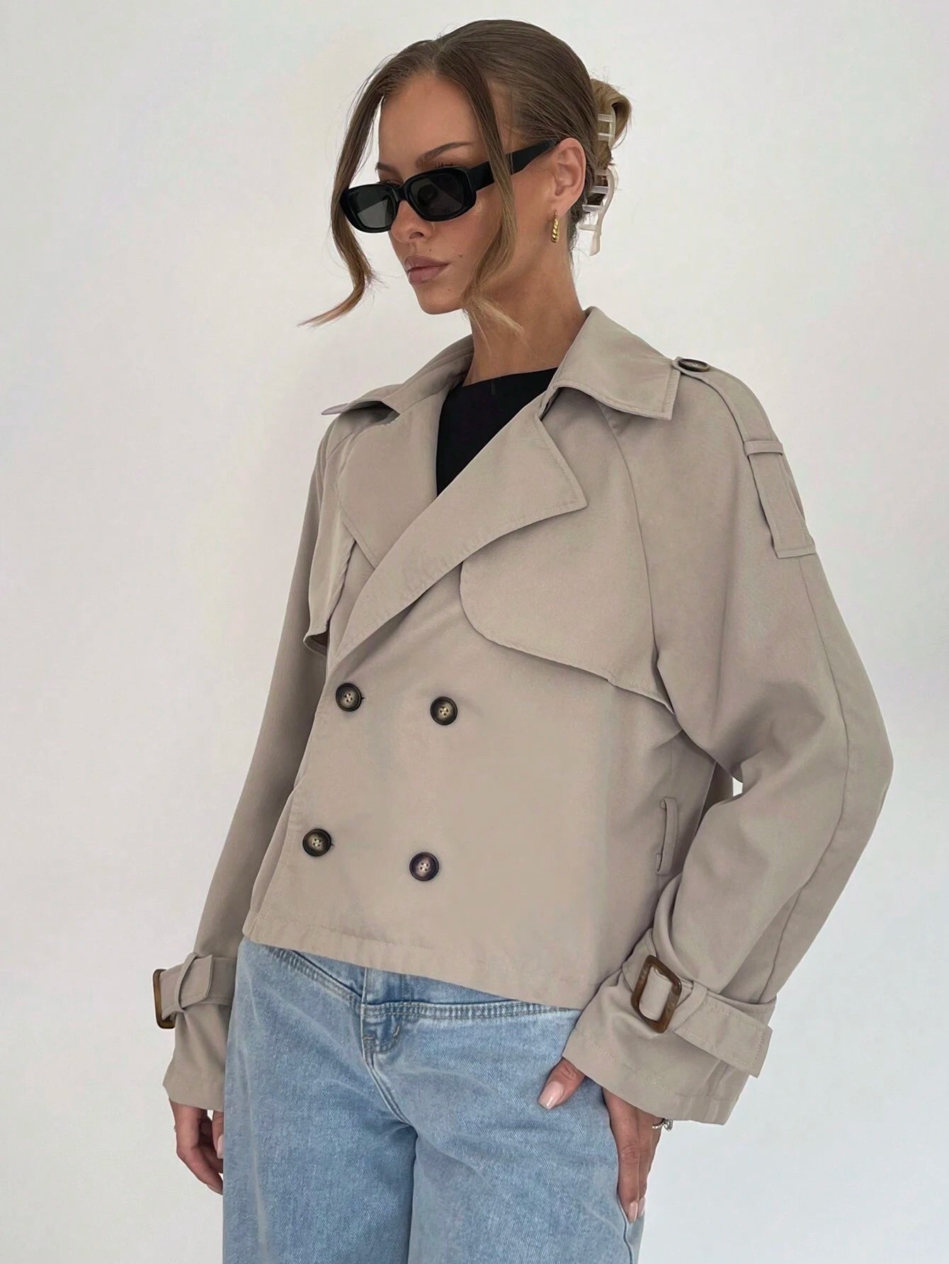 Beige Trench Coat Women Short Classic with Belt and Button Closure