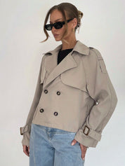 Beige Trench Coat Women Short Classic with Belt and Button Closure